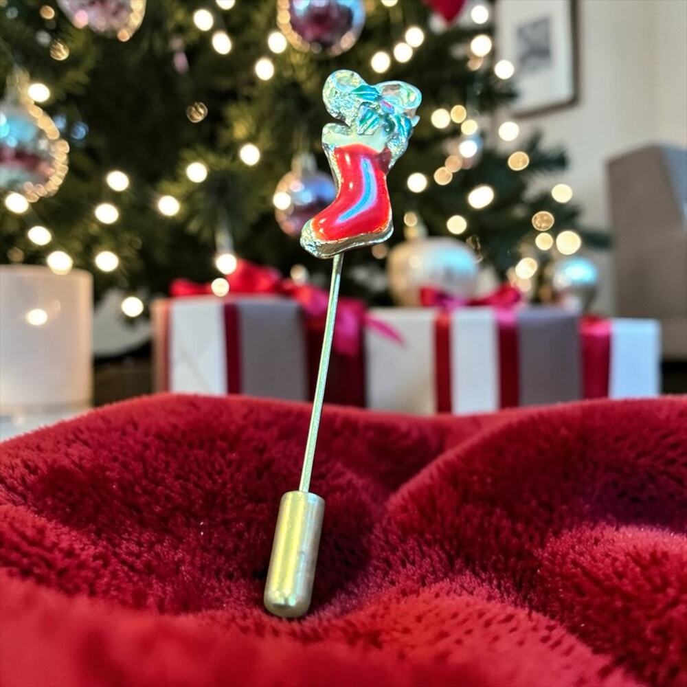Vintage Christmas Stocking Stick Pin Red Enamel Gold Tone Holiday Lapel Hat Pin